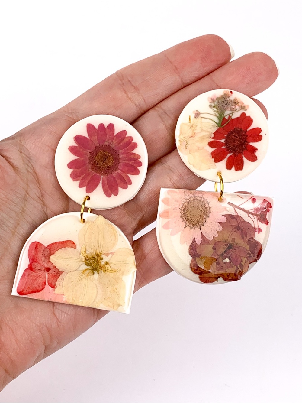 Handmade earrings pressed flowers and polymer clay large pierced ear jewelry